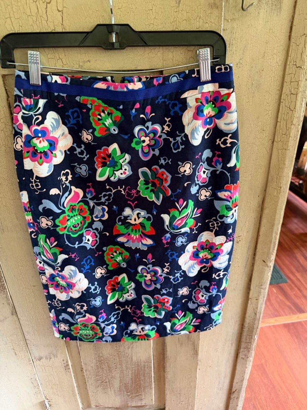 Boden Navy Pencil Skirt with Bright Floral Print